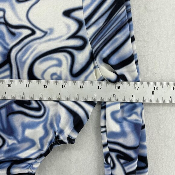 SheIn T Shirt Womens 4 Blue White Marble Print Tee Cut Out Round Neck Tie Side - Picture 3 of 12